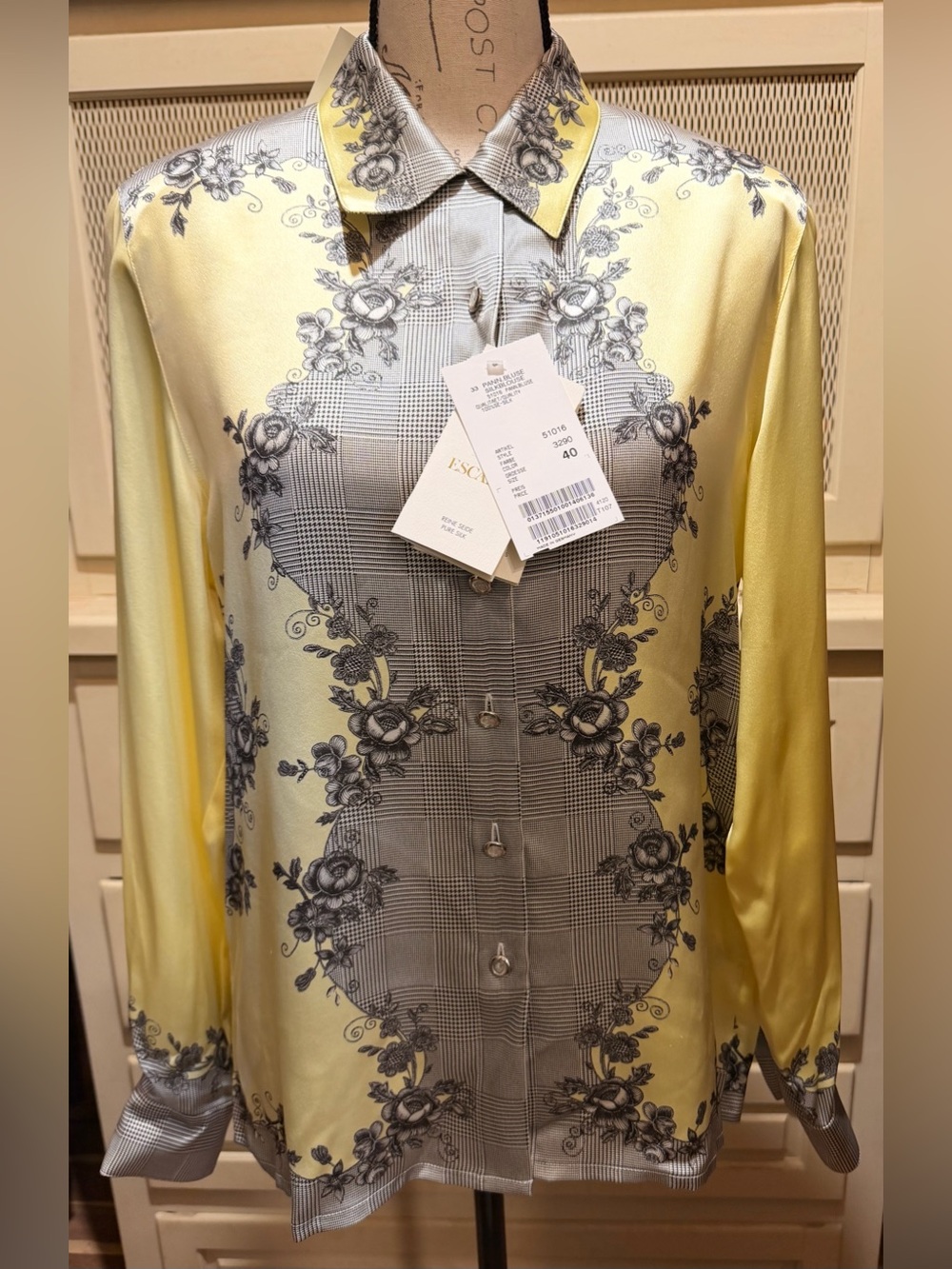 NWT Escada Pure Silk Glen Plaid & Floral Placed Print Blouse